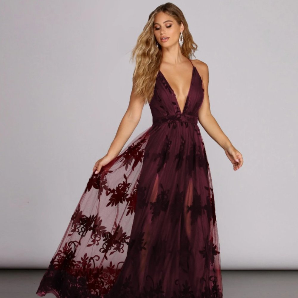 Burgundy floral maxi dress formal Luxxel open back prom
